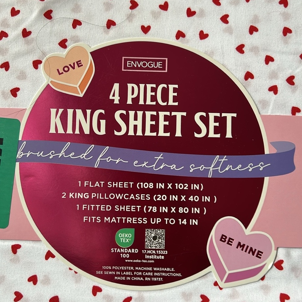 Envogue King Sheet Set 4 Pc New Valentines Day Red Hearts Love - Picture 2 of 2
